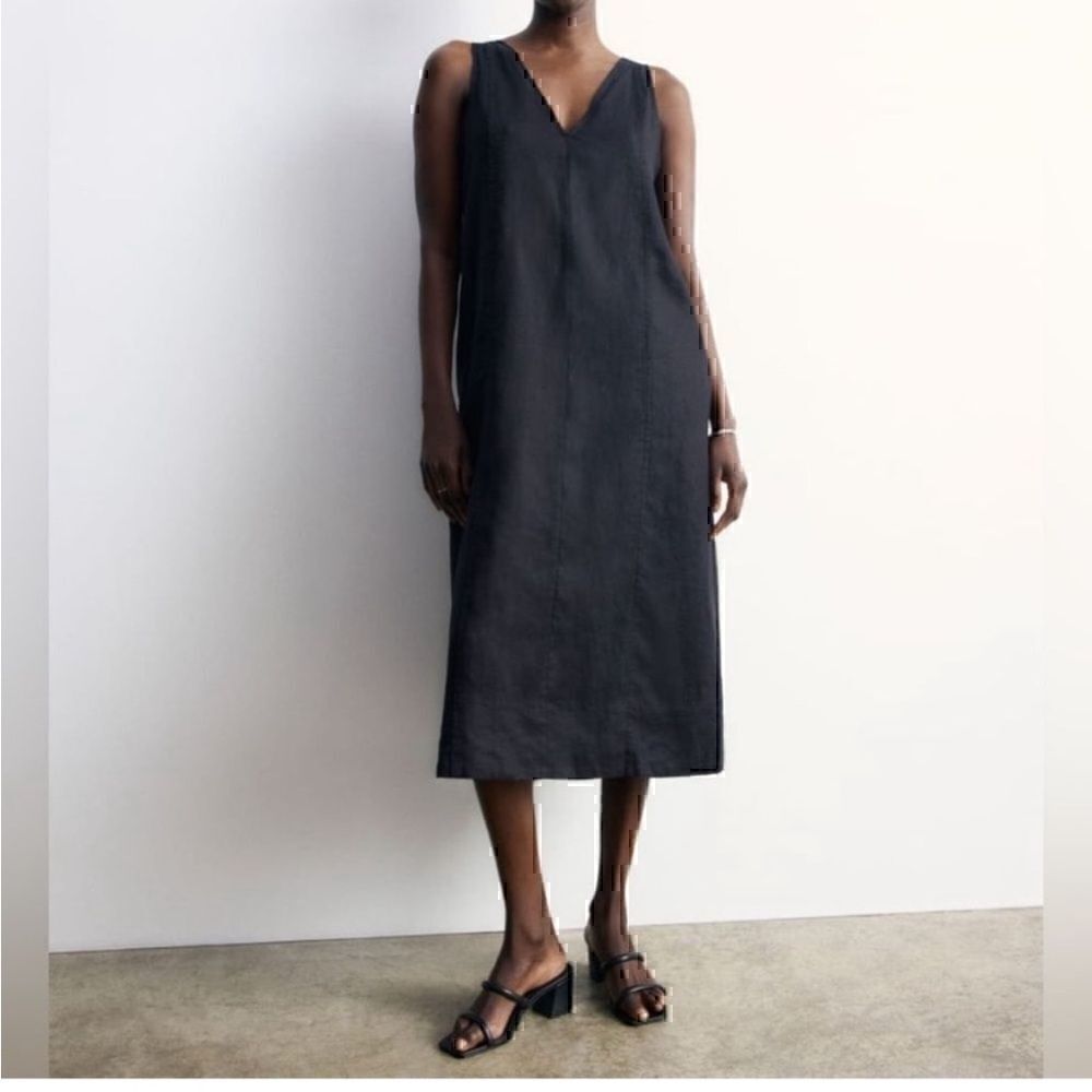 NEW Everlane The Linen V-Neck Midi Dress Black Size 4 Sustainable